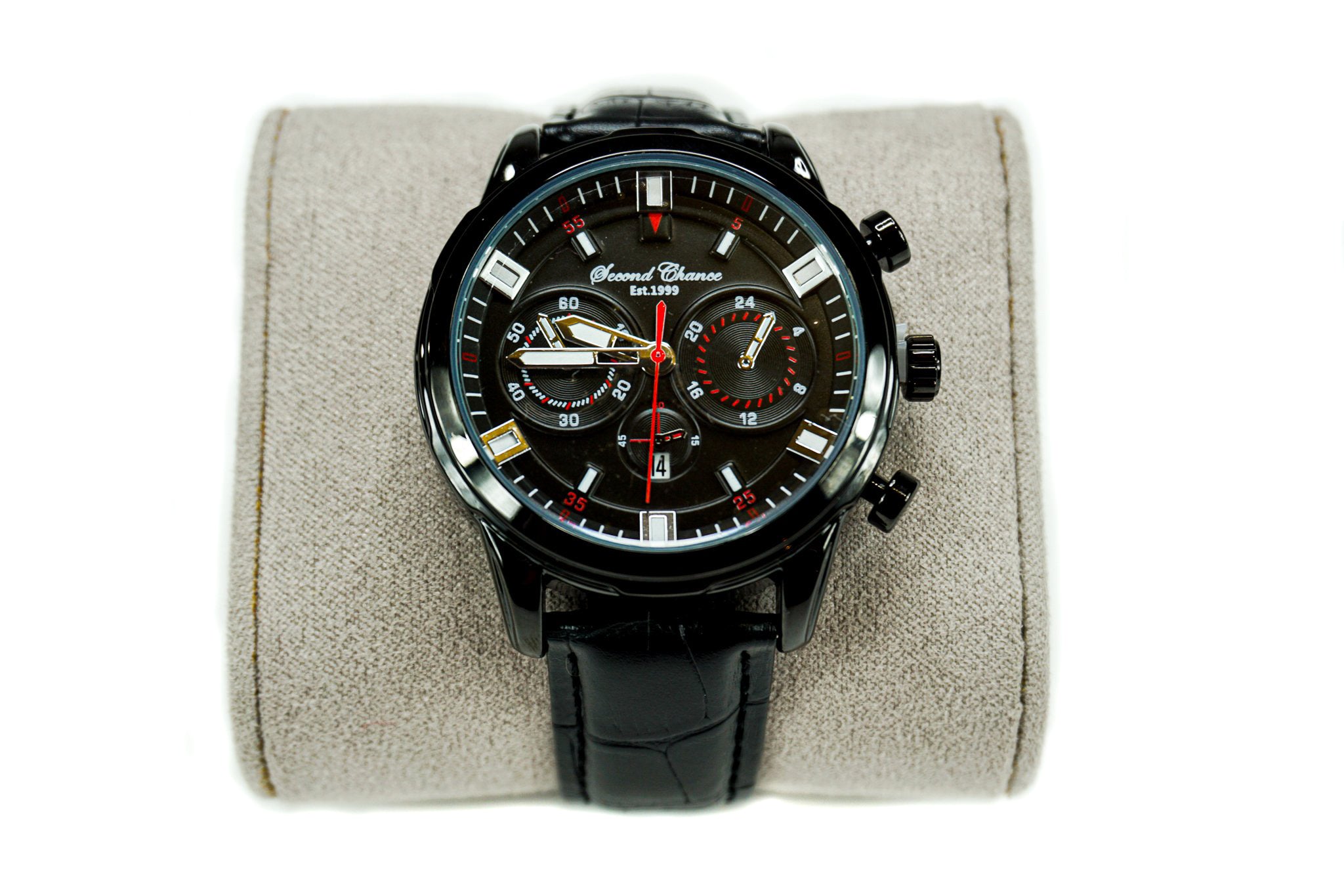 Signature Chronograph Black Leather Band Watch