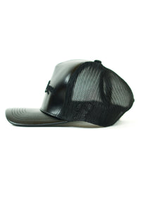 "Dave" Black/Black Leather Trucker Hat