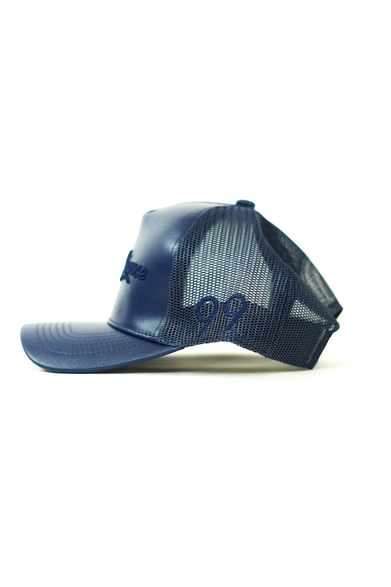 "Dave" Dark Blue Leather Trucker Hat